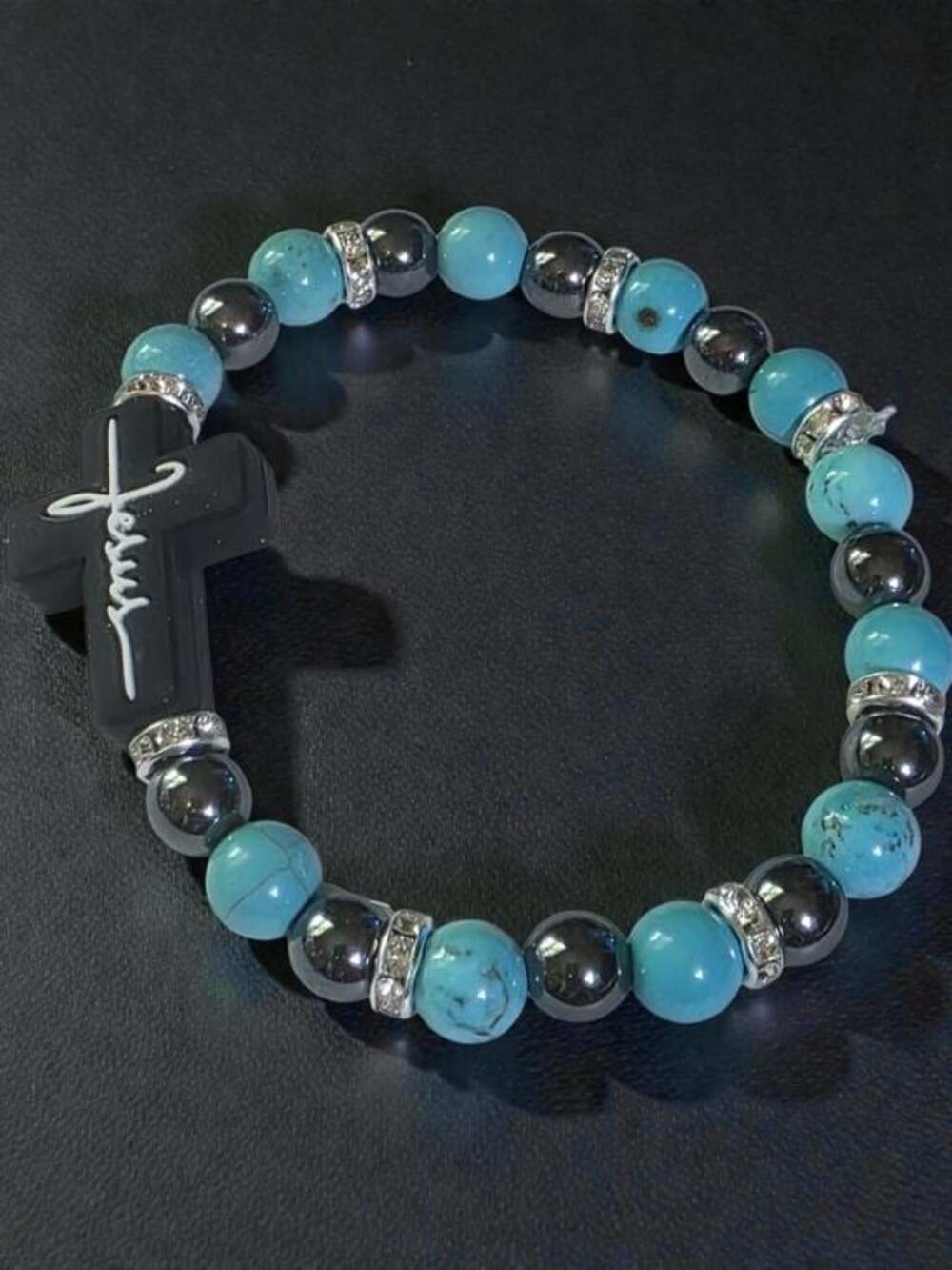 Turquoise Black Hematite Jesus Cross Beaded Bracelet